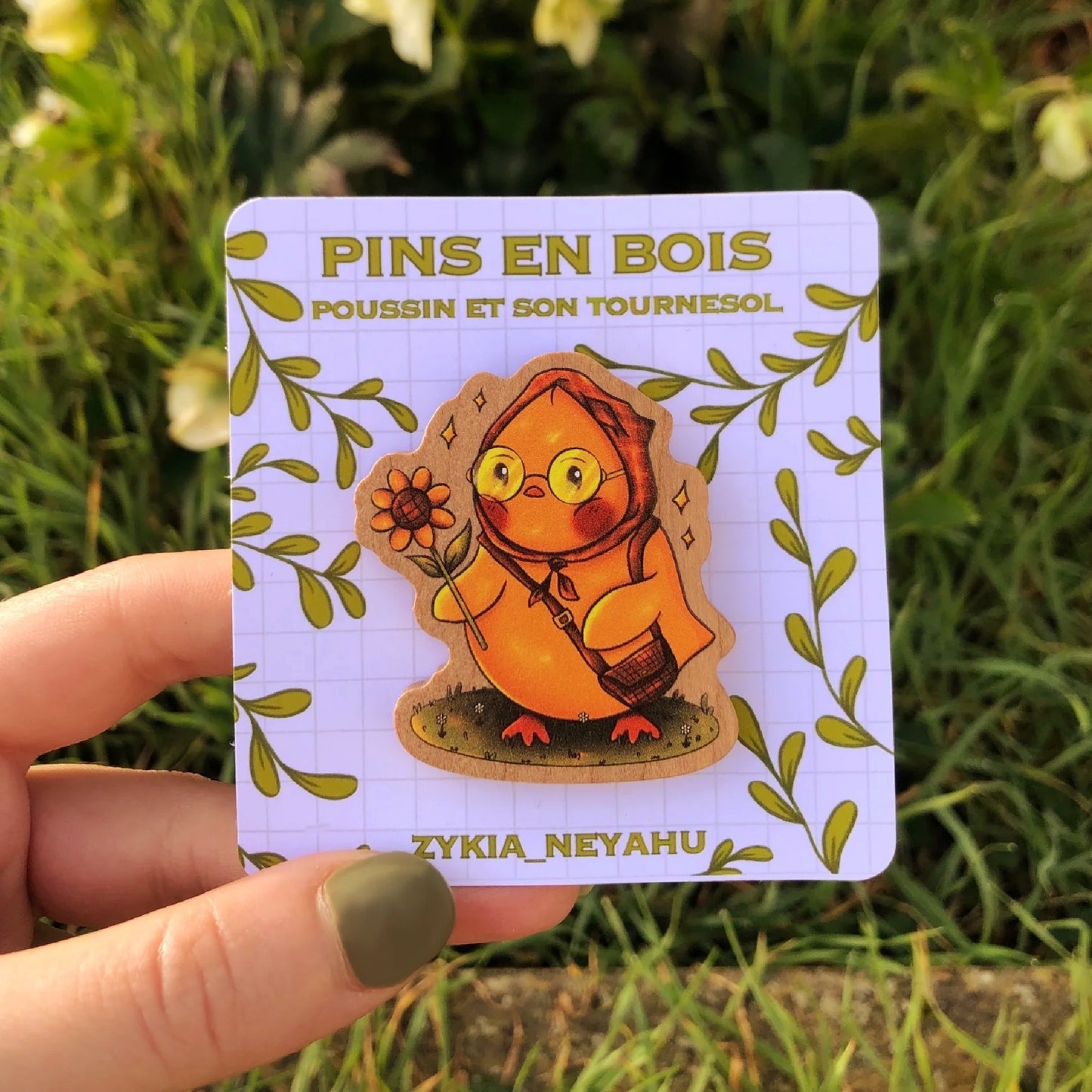 Pins en bois - Poussin et son tournesol